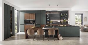 Nobilia Design Inselküche Grün mit Tisch Küchenorganisation