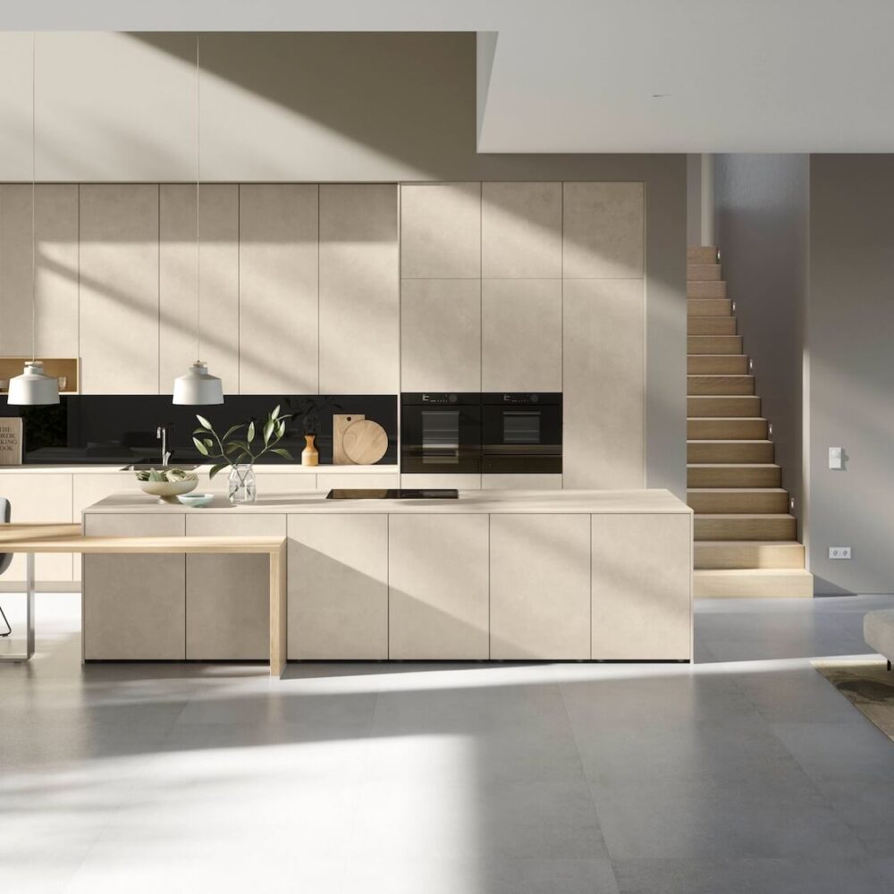 Nobilia Moderne Küche mit Insel Weißbeton Nachbildung