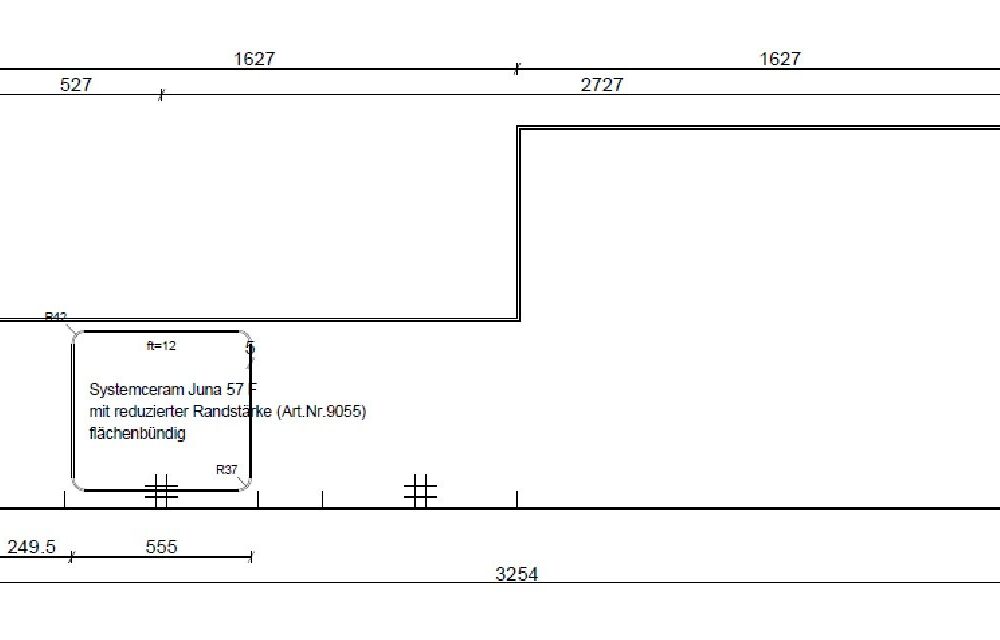 Plan der Arbeitsplatte der Nolte NEO Ausstellungsküche, 325 x 117 cm mit Systemceram-Spüle Juna 57
